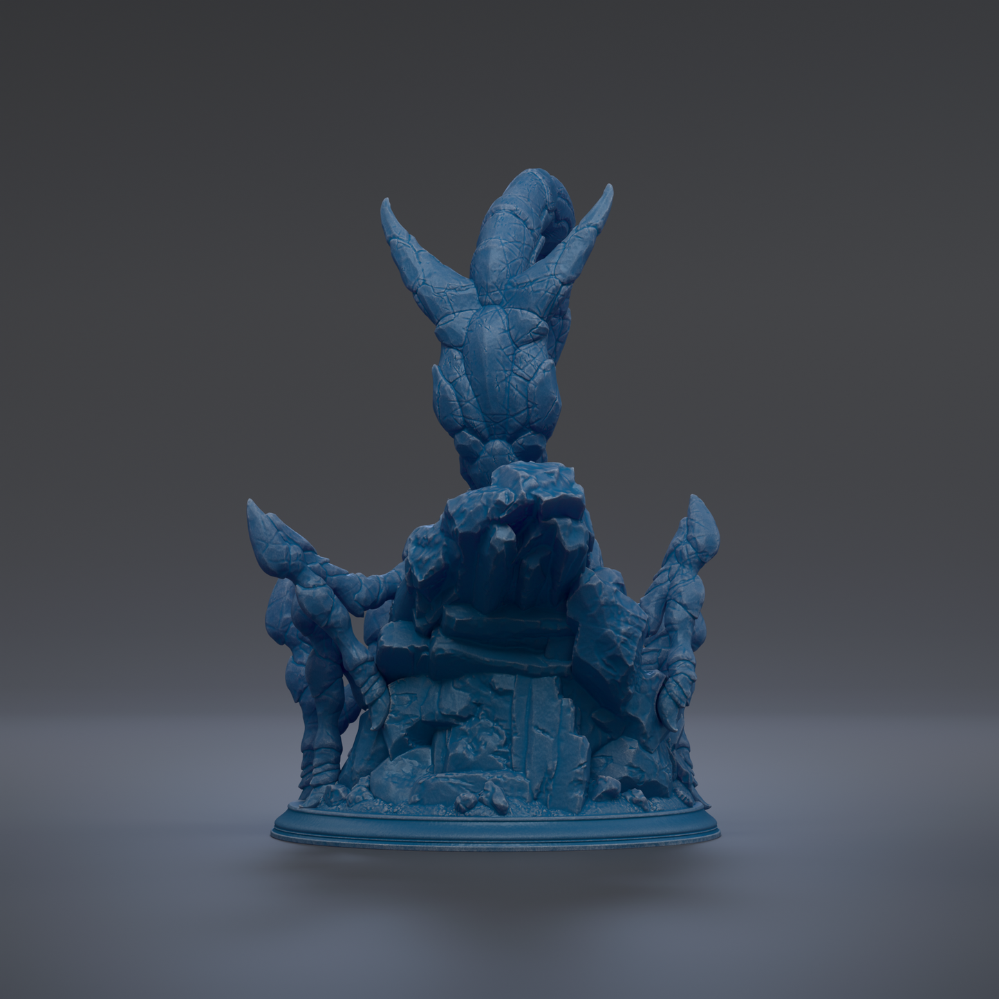 A 3D rendering of a blue, sculpted figure with outstretched arms, standing on a rocky base.