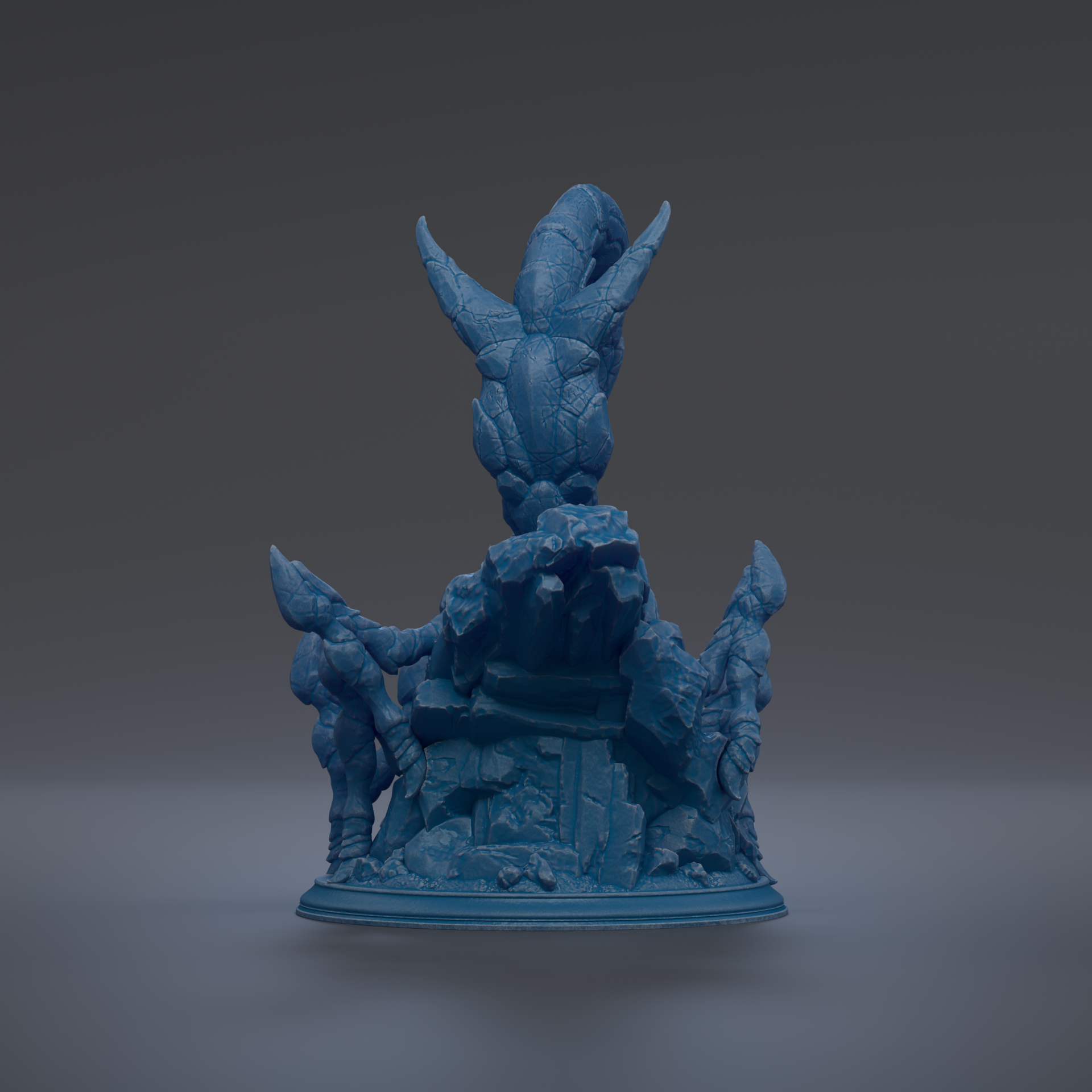 A 3D rendering of a blue, sculpted figure with outstretched arms, standing on a rocky base.