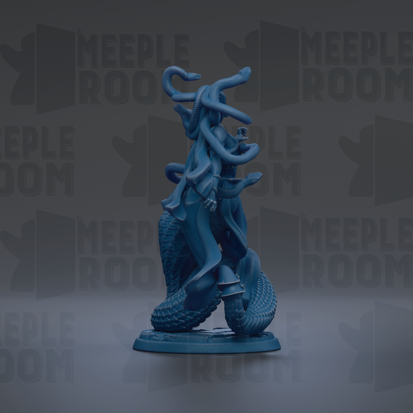 A blue statue of a snake coiled around a human figure, with the text "MEUPLE ROOM" repeated in the background.