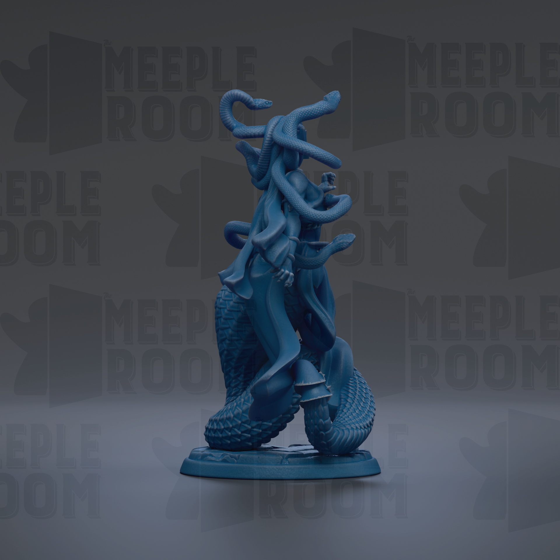 A blue statue of a snake coiled around a human figure, with the text "MEUPLE ROOM" repeated in the background.