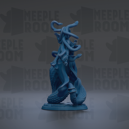 A blue statue of a snake coiled around a human figure, with the text "MEUPLE ROOM" repeated in the background.