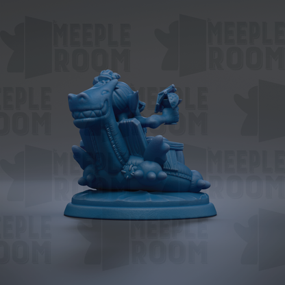 A blue figurine of a dragon-like creature sitting on a pedestal against a dark background with repeated text.