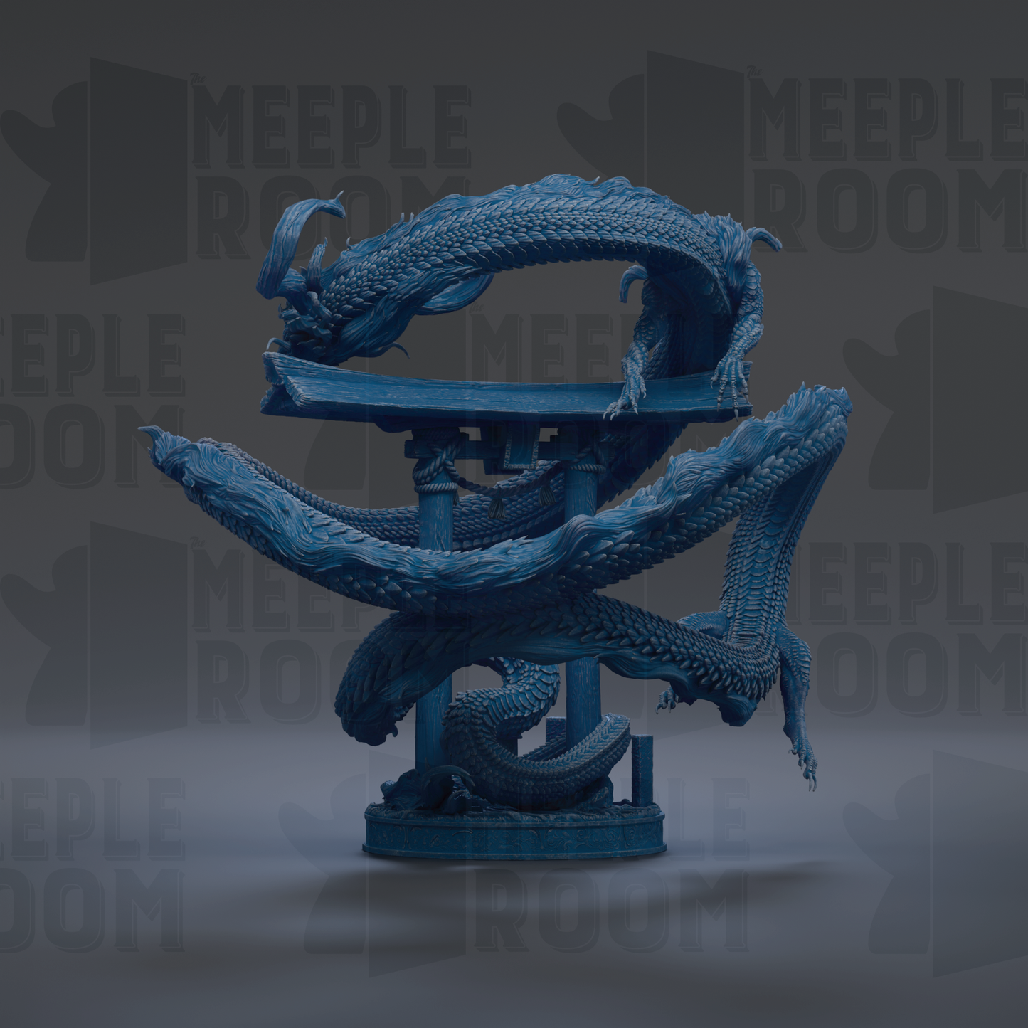 A blue dragon sculpture is displayed against a dark background, with the text "MEUPLE ROOM" repeated in the background.