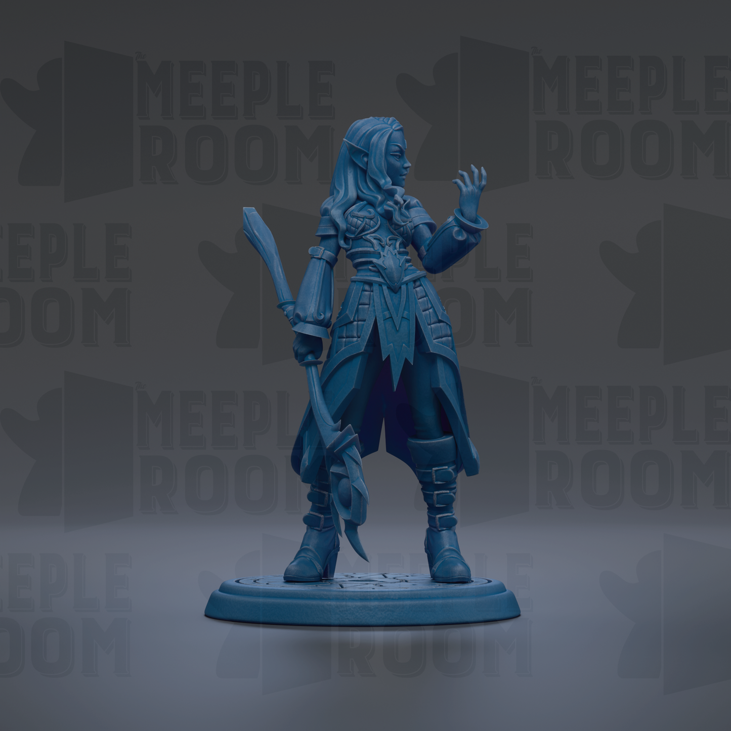 A blue figurine of a female character with long hair and a flowing dress, holding a staff and standing on a platform.