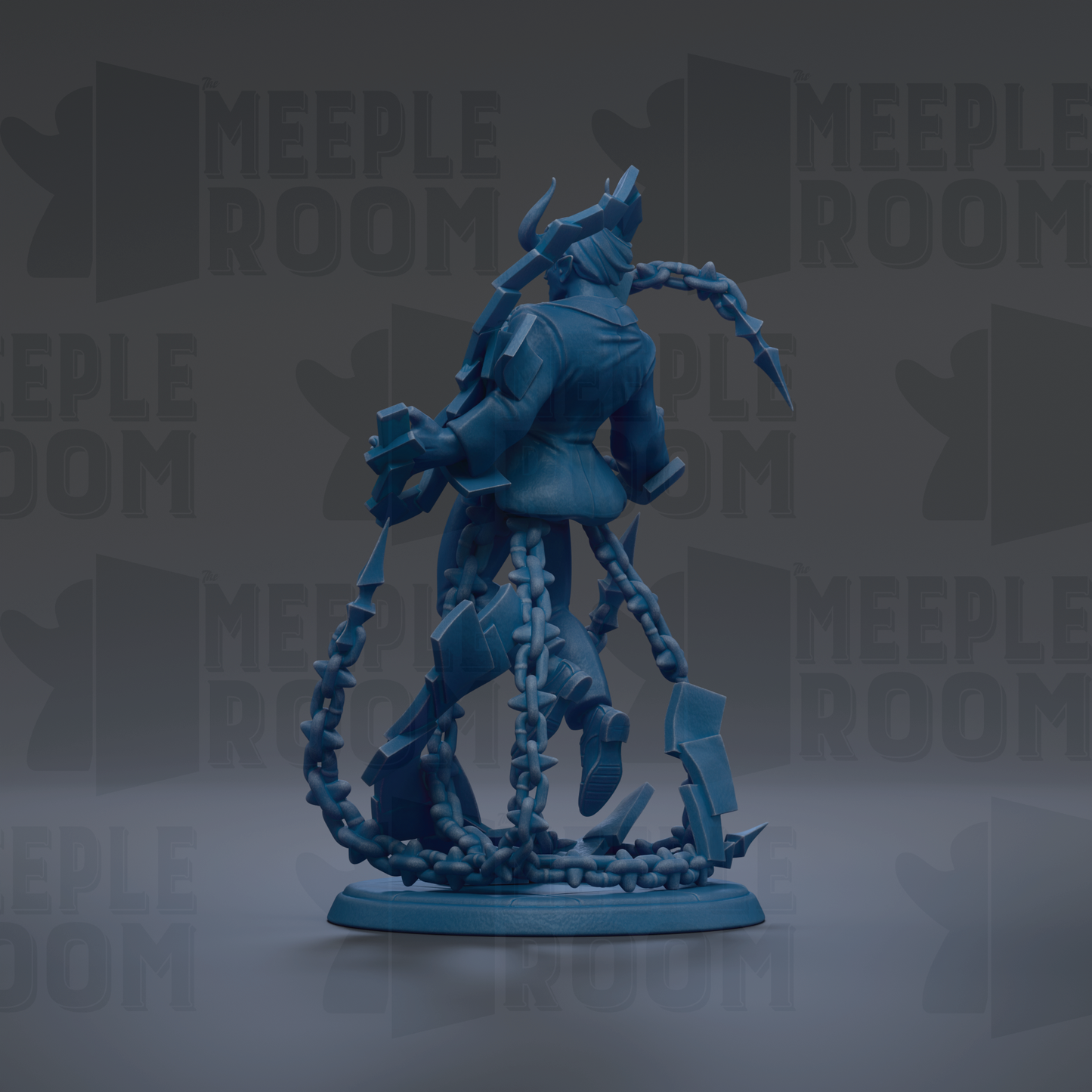 A blue, 3D-rendered character with chains wrapped around it, standing on a base.
