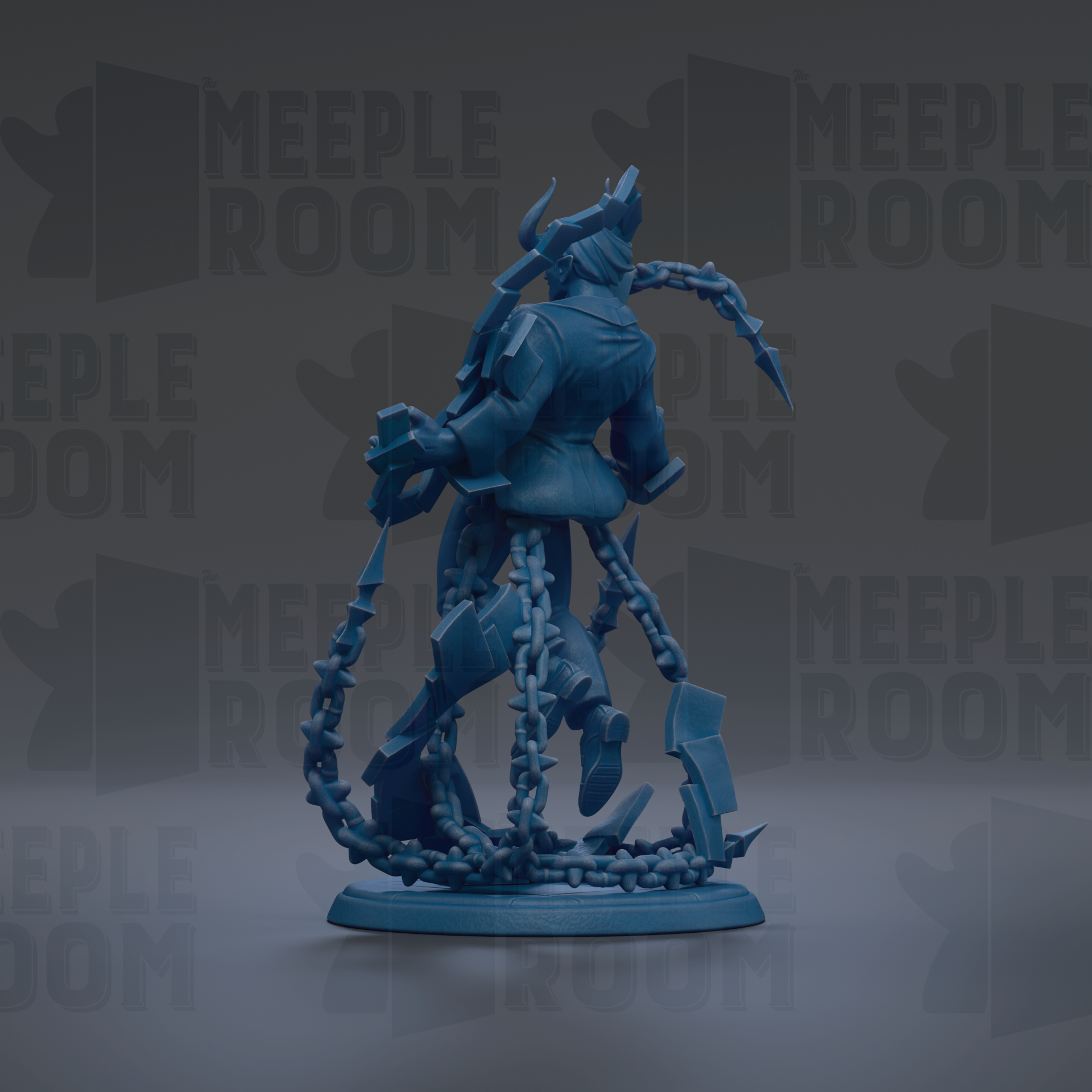 A blue, 3D-rendered character with chains wrapped around it, standing on a base.