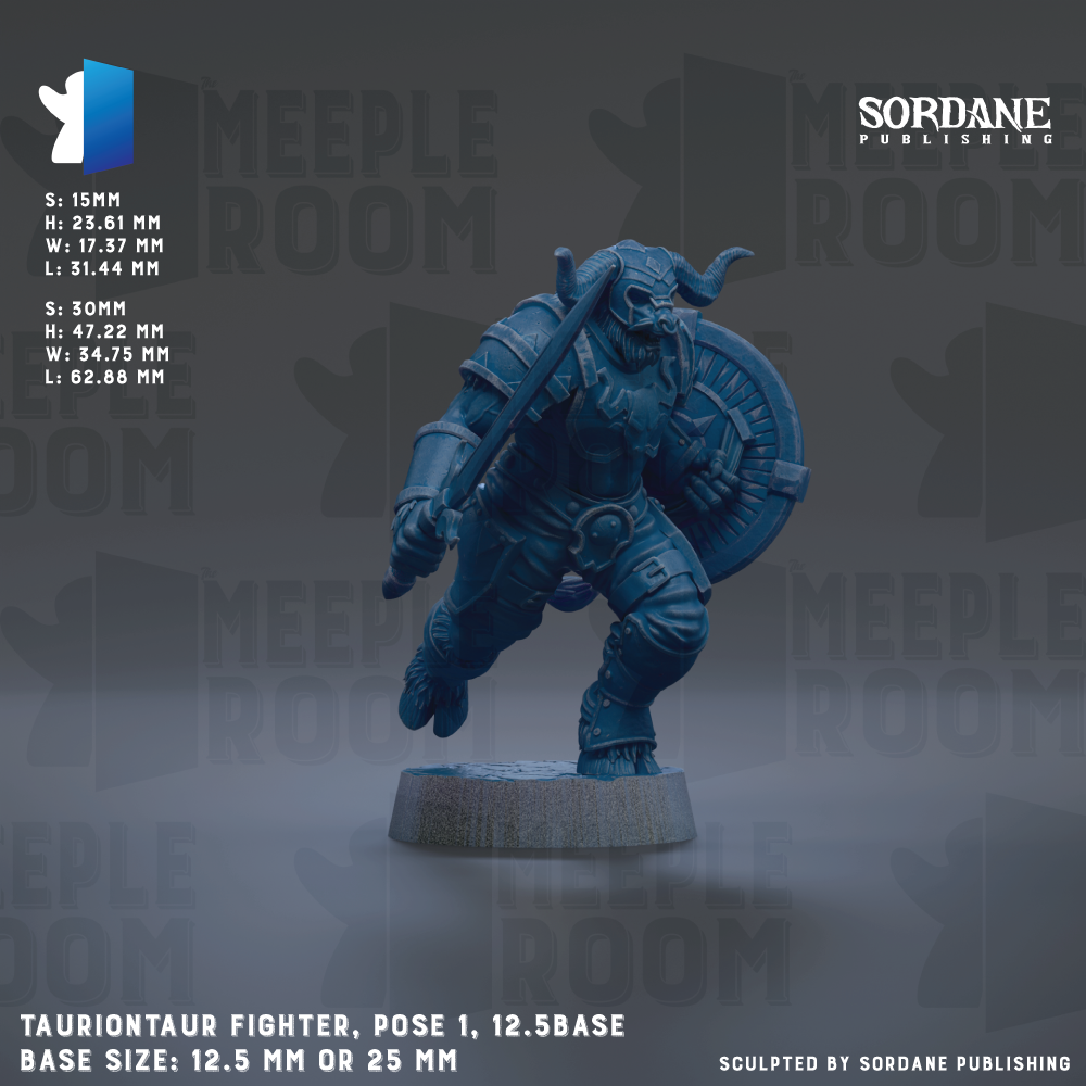 The image is a 3D rendering of a Taurion tartar fighter, a character from the video game Taurion. The fighter is shown in a dynamic pose, holding a shield and sword. The image is a part of a larger collection of images related to the game, and it is described as a "base size: 12.5mm" or "base size: 25mm" depending on the viewer's interpretation. The image is published by Sordane Publishing.