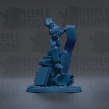 A blue figurine of a person sitting on a stack of books, with a book in their lap, against a dark background with repeated text.