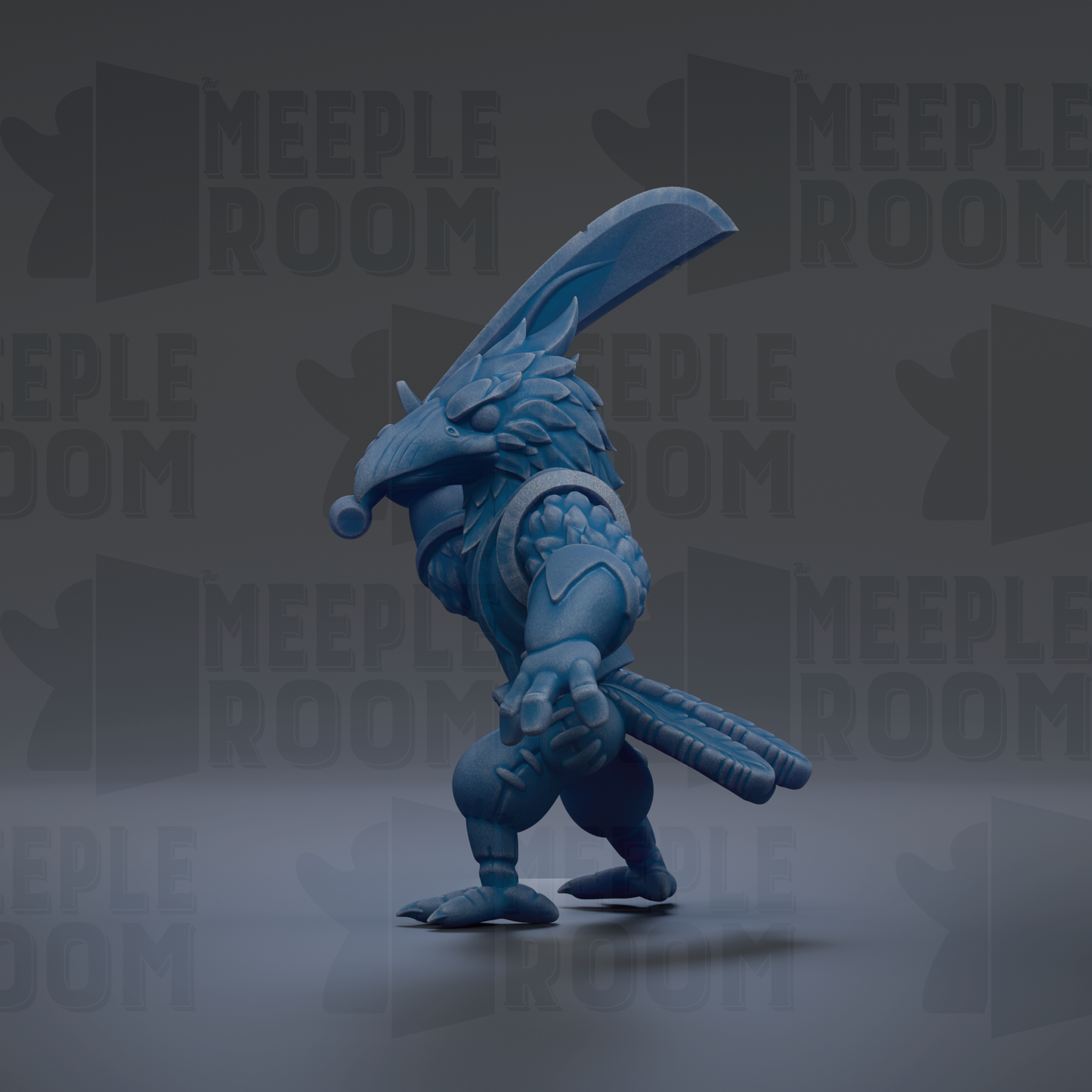 A blue, winged creature with a pointed beak is depicted in the image.