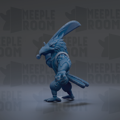 A blue, winged creature with a pointed beak is depicted in the image.