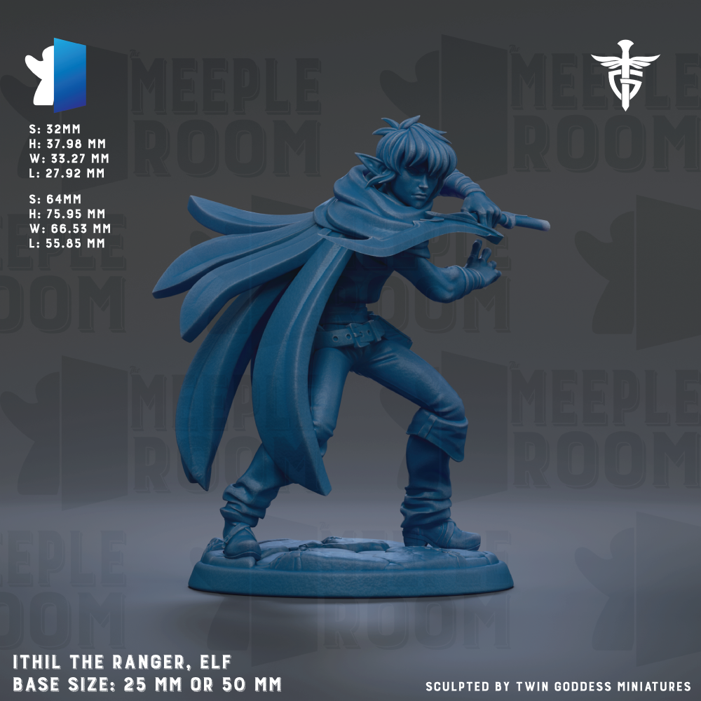 The image is a figurine of a character named Ithil the Ranger, an elf from the video game Meeple Room. The figurine is depicted in a dynamic pose, holding a sword and standing on a platform. The figurine is described as having a base size of 25mm or 50mm, and it is sculpted by Twin Goddess miniatures.