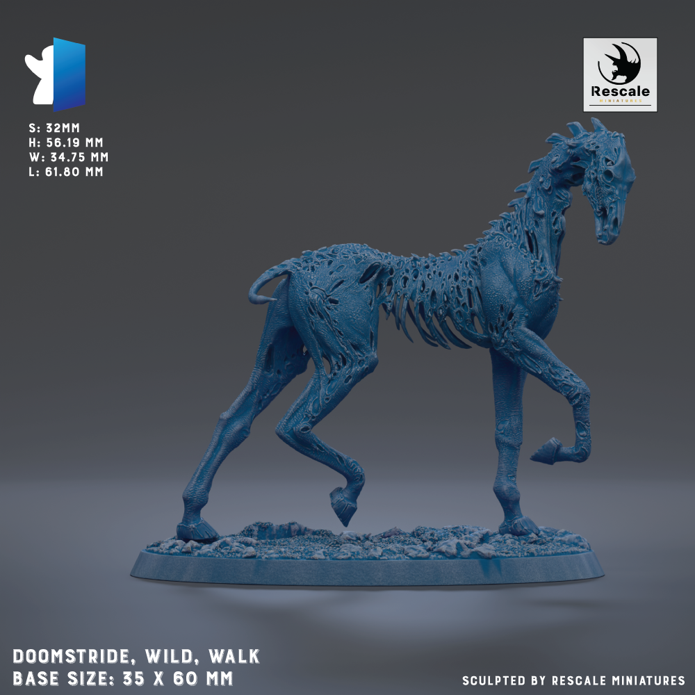 A 3D printed model of a blue, skeletal horse with a textured, weathered appearance. The horse is shown in a dynamic walking pose, with its front legs lifted and hind legs bent. The base size of the horse is 35 x 60 mm. The image is described as a "DOOMSTRIDE, WILD, WALK" and is "Sculpted by RESCALE MINIATURES".
