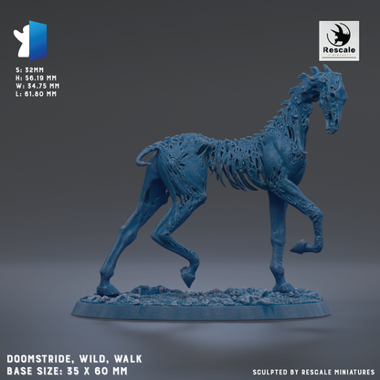 A 3D printed model of a blue, skeletal horse with a textured, weathered appearance. The horse is shown in a dynamic walking pose, with its front legs lifted and hind legs bent. The base size of the horse is 35 x 60 mm. The image is described as a "DOOMSTRIDE, WILD, WALK" and is "Sculpted by RESCALE MINIATURES".