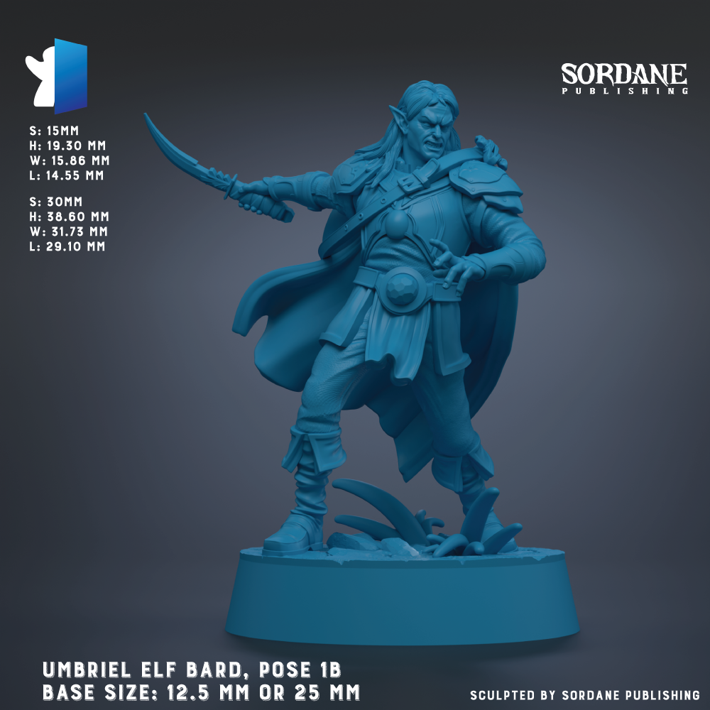 The image is a 3D rendering of a figurine of an elf bard, specifically the Umbriel Elf bard, posed in a dynamic stance with a sword in hand. The figurine is depicted in a blue color, and the base size is either 12.5 mm or 25 mm. The image is published by Sordane Publishing.