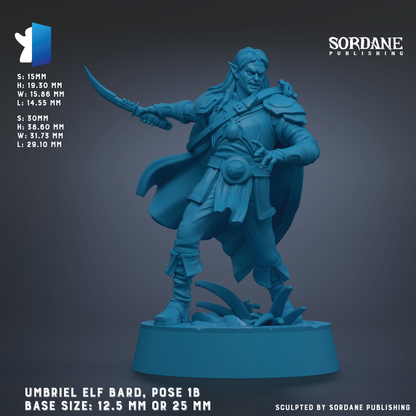 The image is a 3D rendering of a figurine of an elf bard, specifically the Umbriel Elf bard, posed in a dynamic stance with a sword in hand. The figurine is depicted in a blue color, and the base size is either 12.5 mm or 25 mm. The image is published by Sordane Publishing.