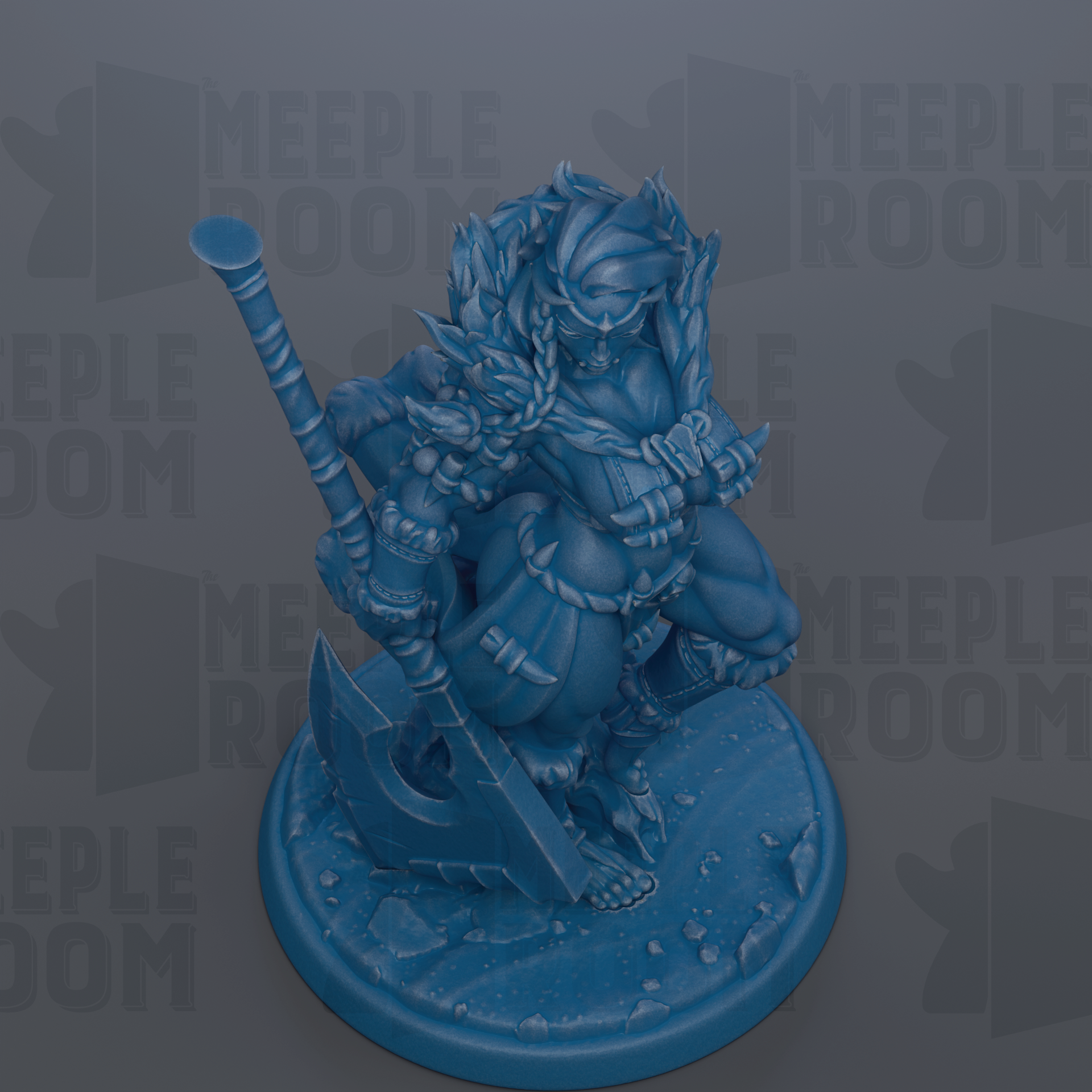 A blue figurine of a warrior figure holding a weapon and standing on a platform.