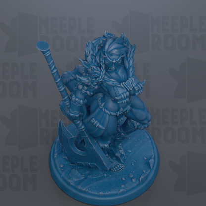 A blue figurine of a warrior figure holding a weapon and standing on a platform.