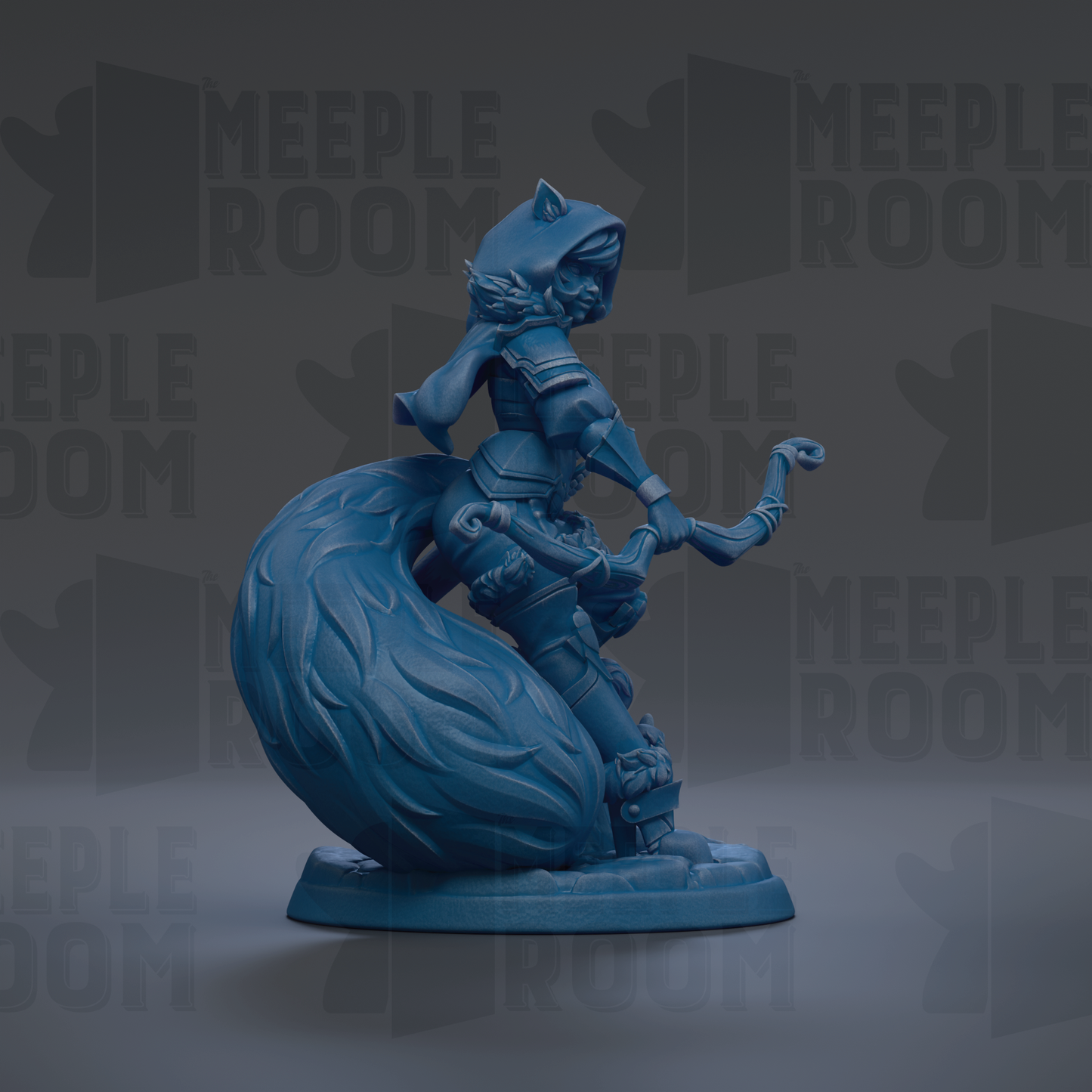 A blue figurine of a person holding a bow and arrow, standing on a base.