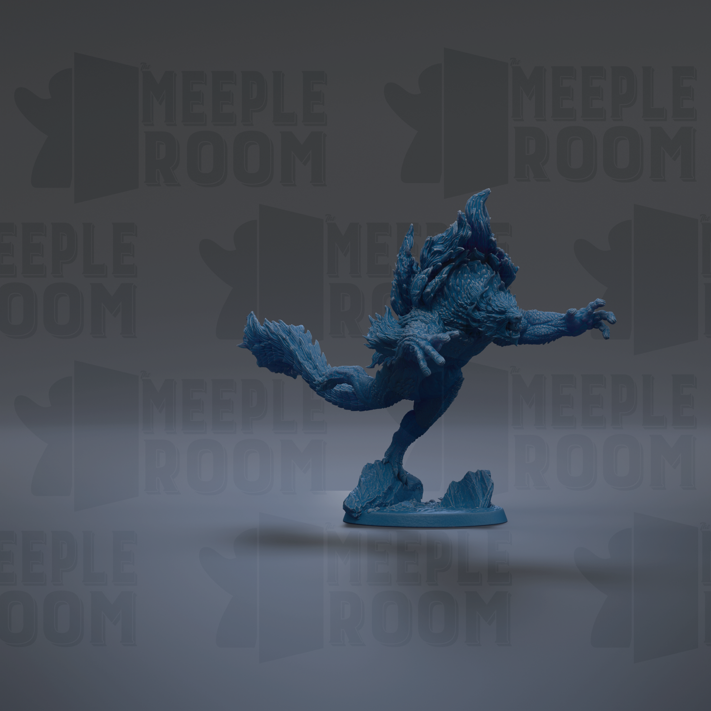 A blue figurine of a creature with a fierce expression is shown against a dark background with repeated text.