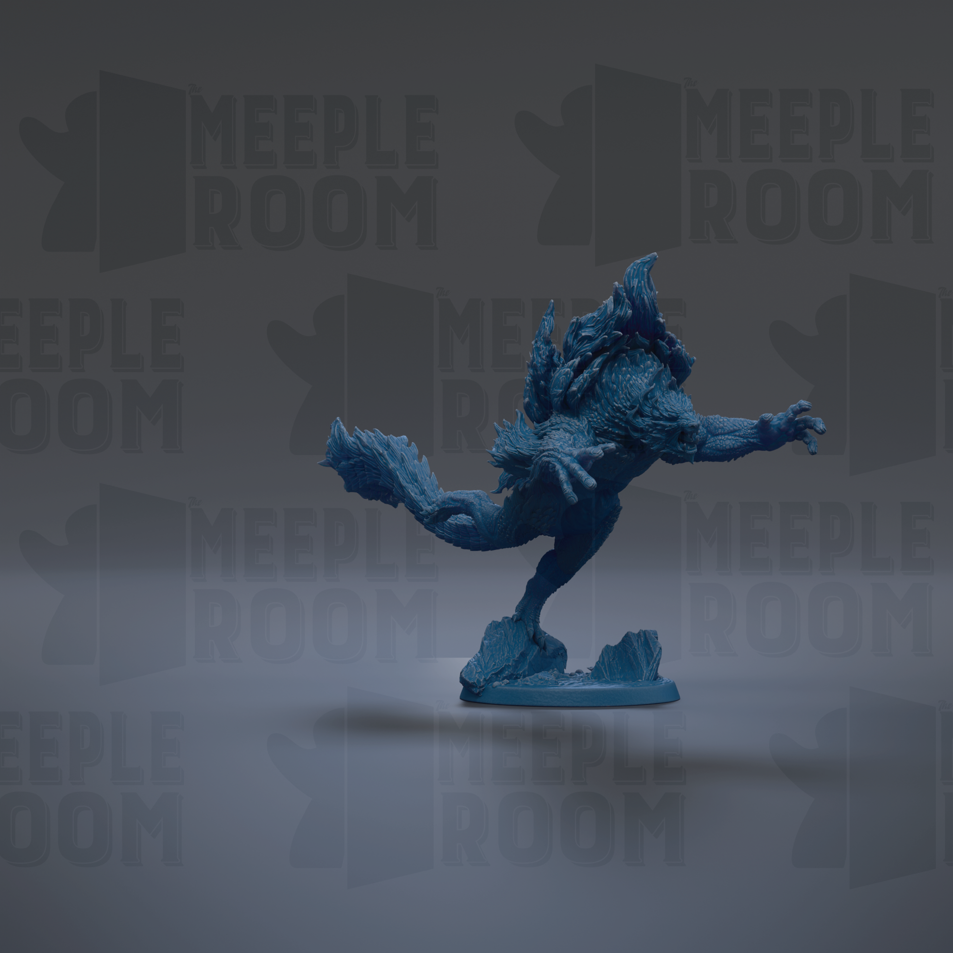 A blue figurine of a creature with a fierce expression is shown against a dark background with repeated text.