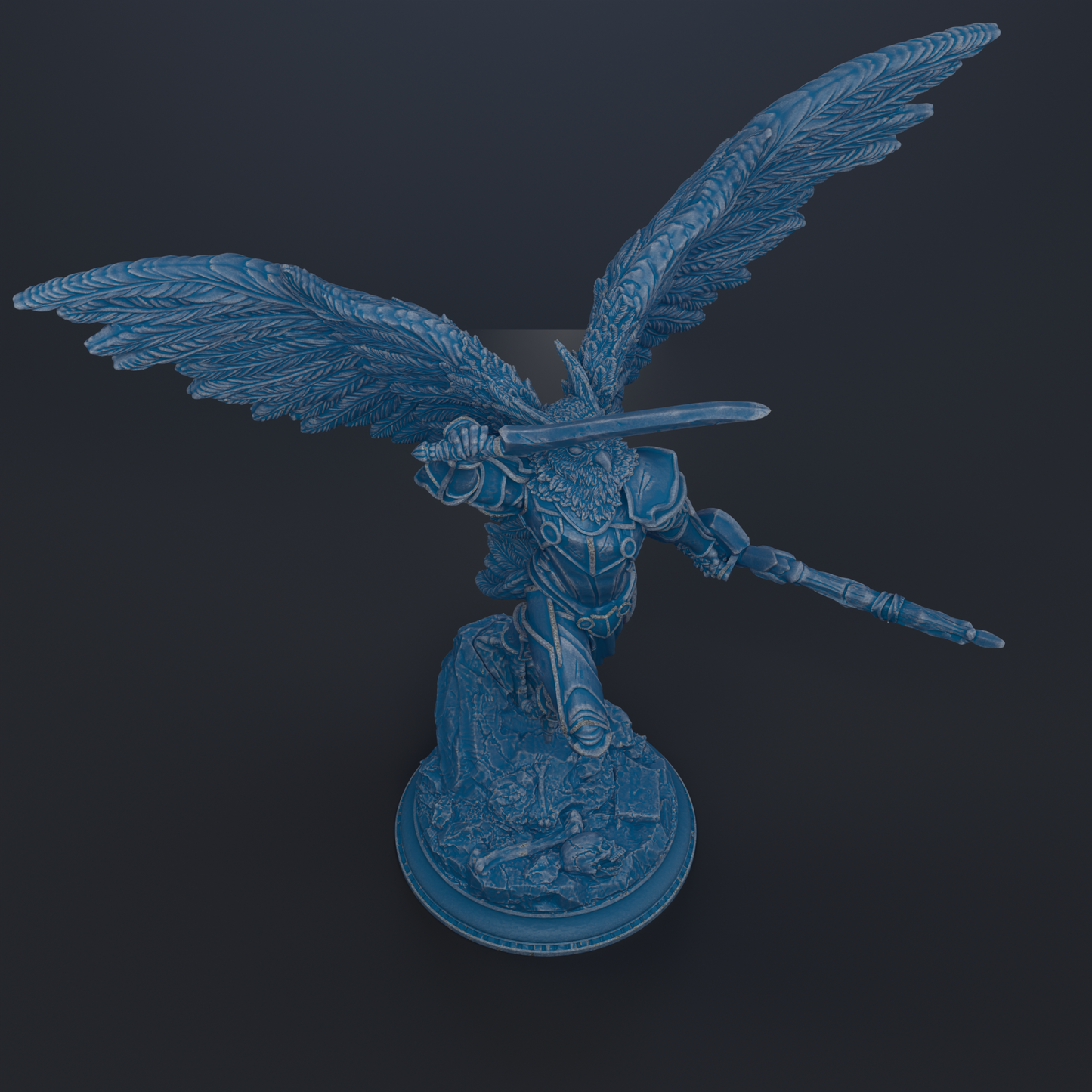 A 3D rendering of a winged figure holding a sword, standing on a base.