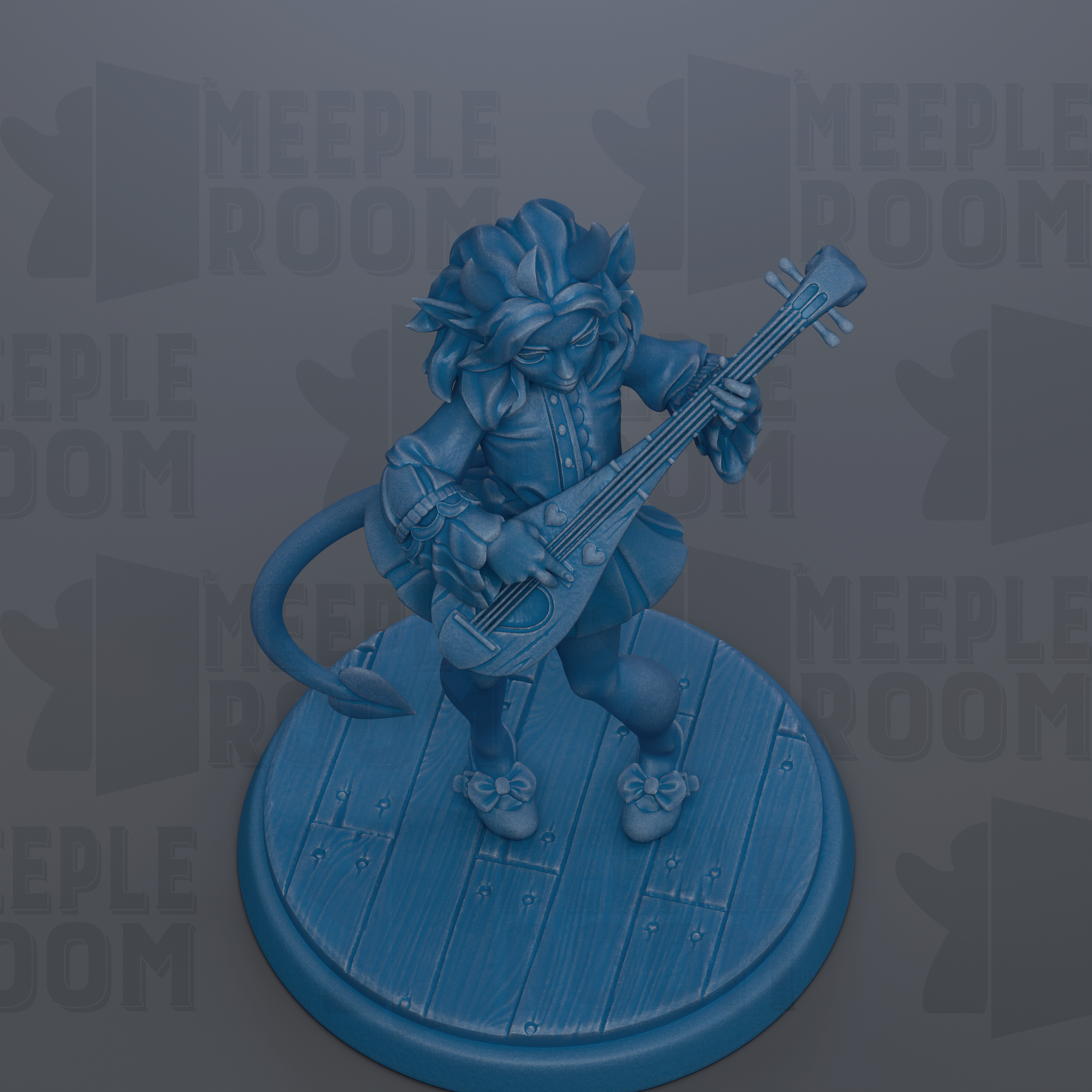 A blue figurine of a character playing a guitar is shown on a wooden base.