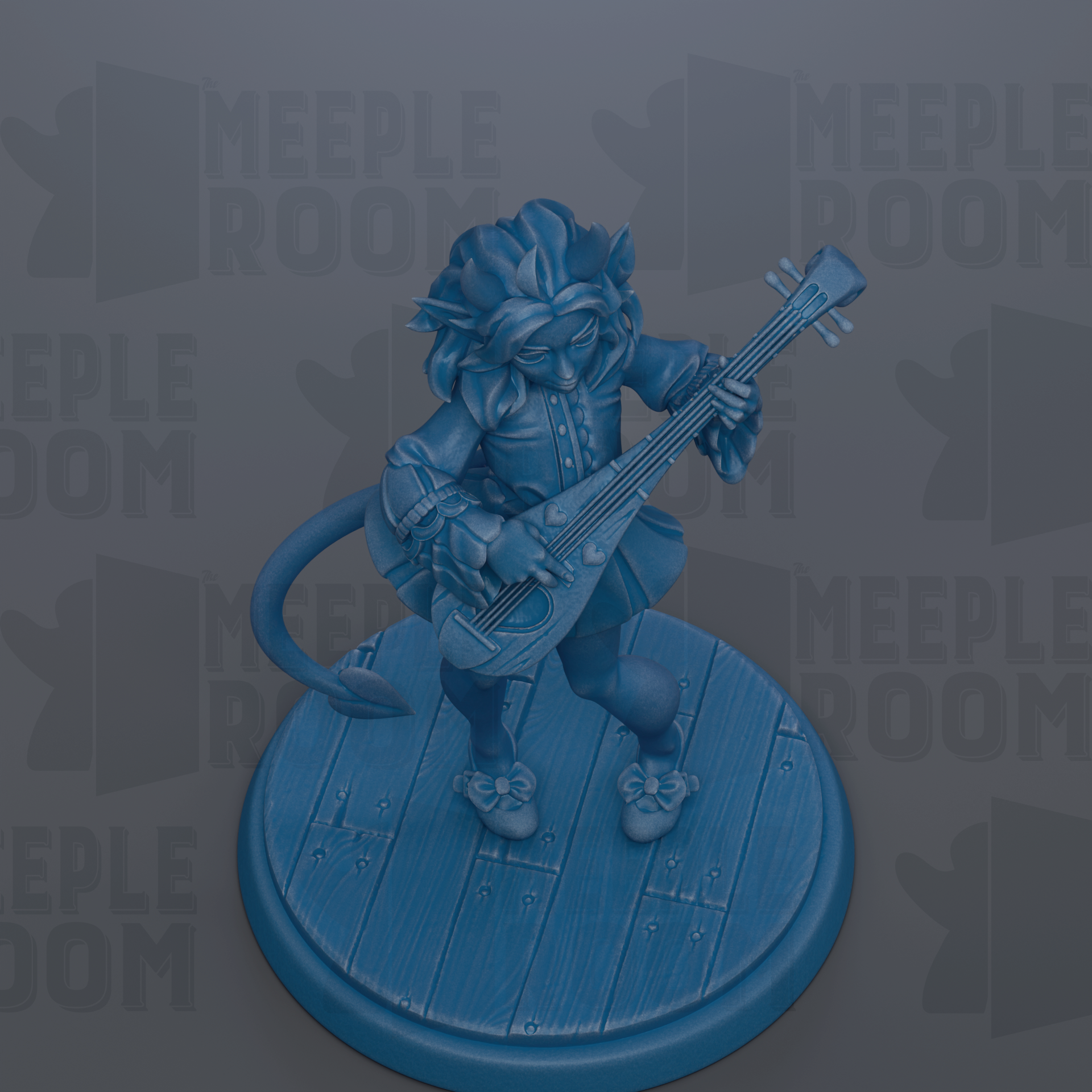 A blue figurine of a character playing a guitar is shown on a wooden base.