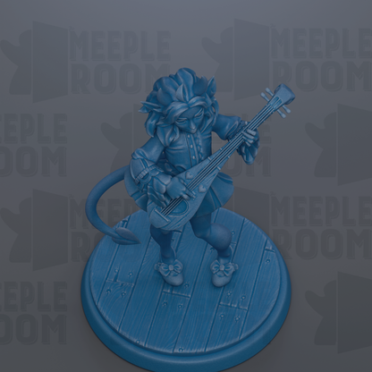 A blue figurine of a character playing a guitar is shown on a wooden base.