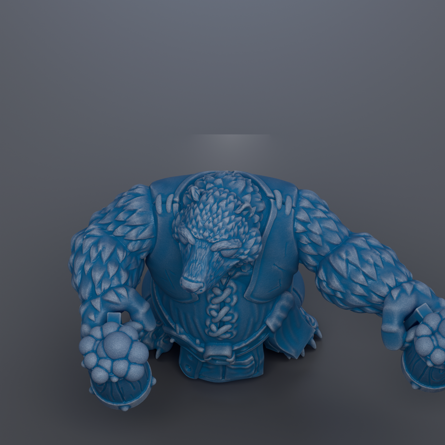 A 3D rendering of a blue, furry creature with a pointed head and sharp claws, standing on its hind legs and holding a weapon in its hands.