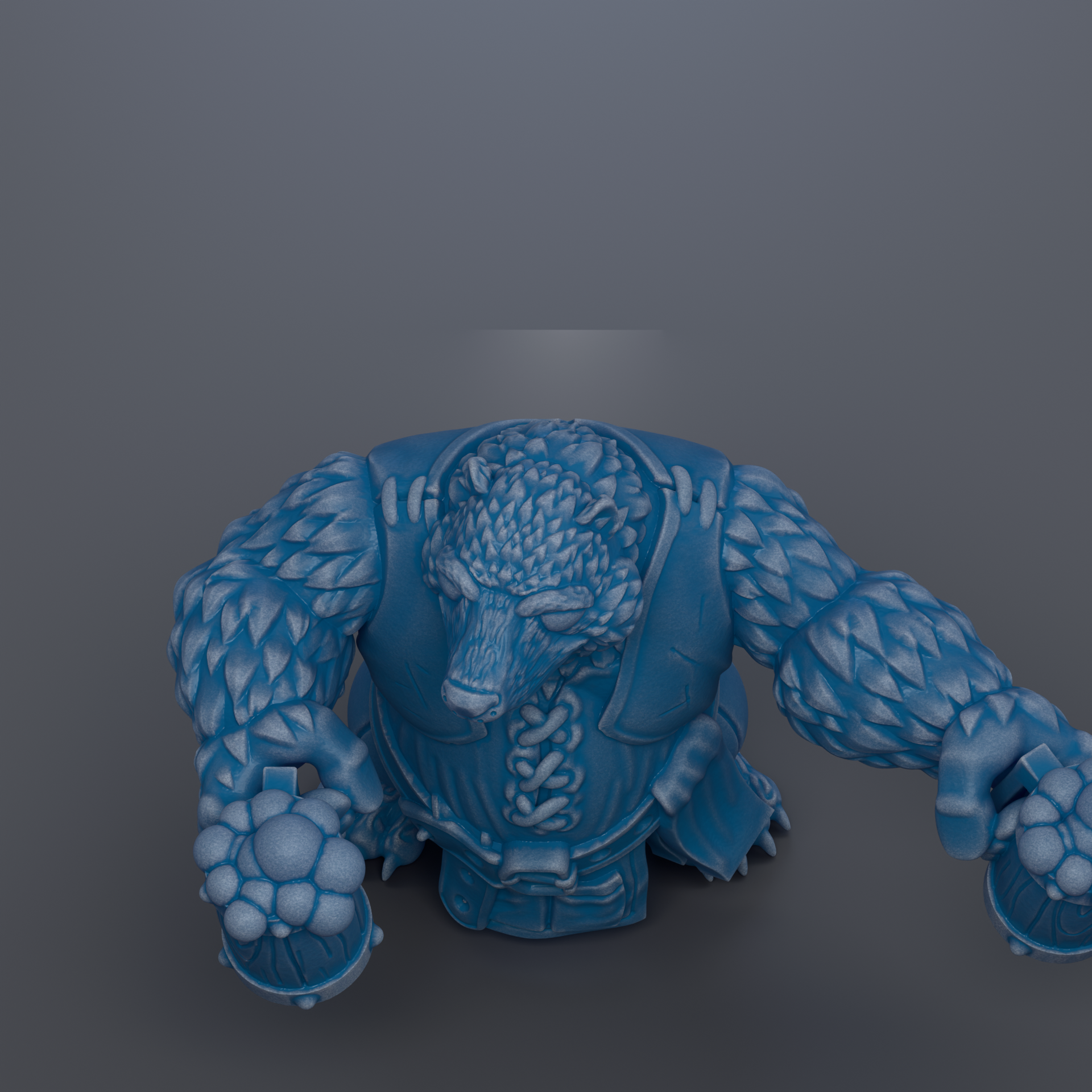 A 3D rendering of a blue, furry creature with a pointed head and sharp claws, standing on its hind legs and holding a weapon in its hands.