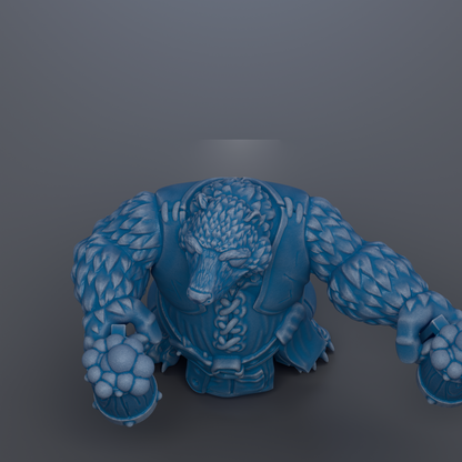 A 3D rendering of a blue, furry creature with a pointed head and sharp claws, standing on its hind legs and holding a weapon in its hands.