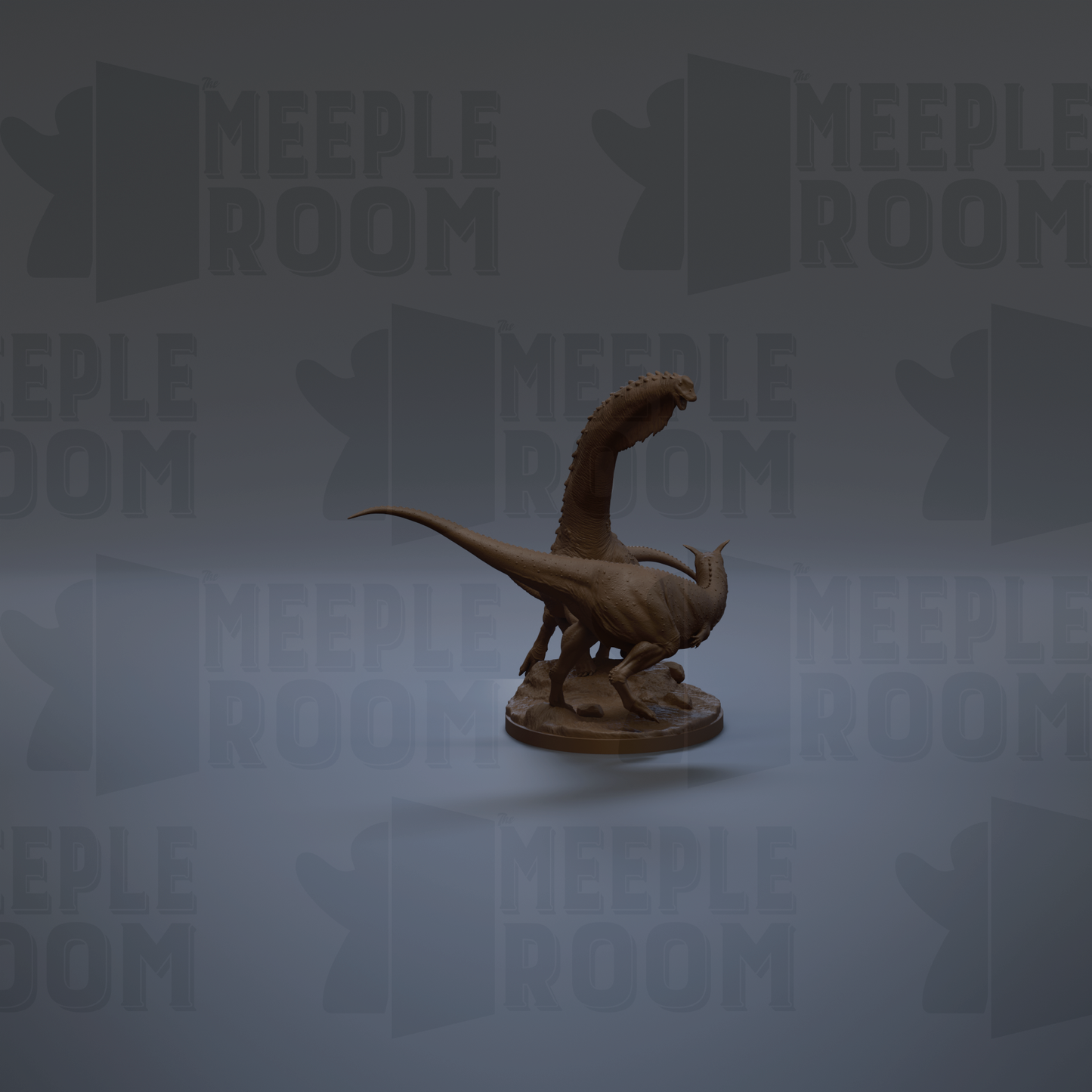 a dinosaur statue against a dark background with repeated text.