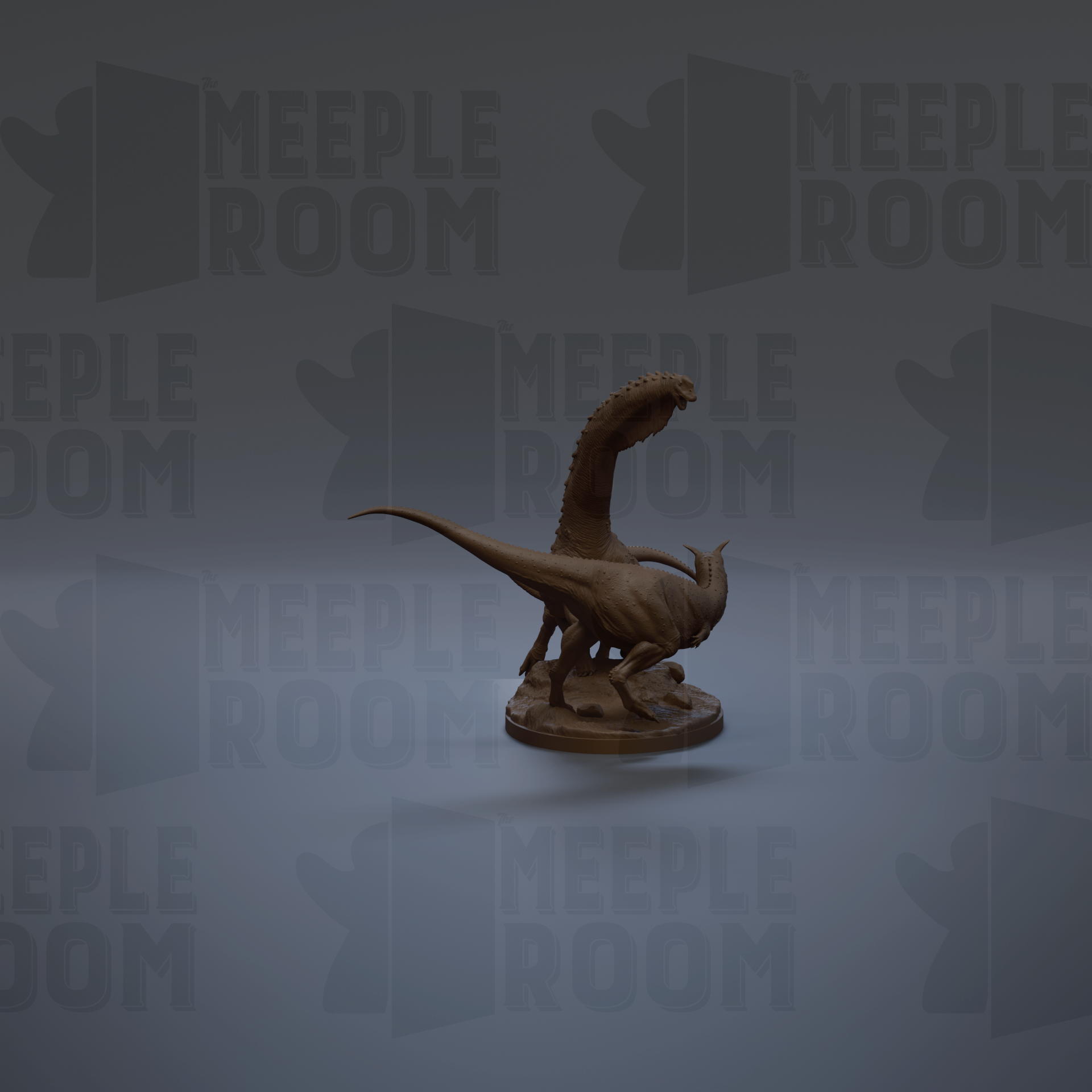 a dinosaur statue against a dark background with repeated text.