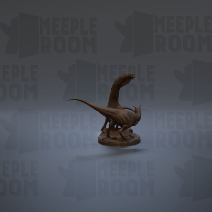 a dinosaur statue against a dark background with repeated text.
