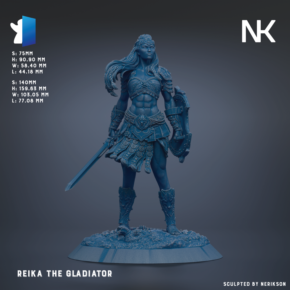 a female warrior figure, specifically Reika the Gladiator, standing in a fighting stance with a sword in her right hand.