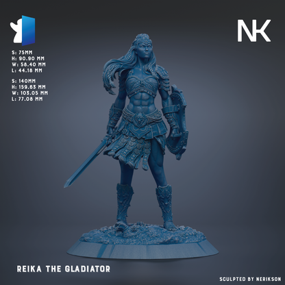 a female warrior figure, specifically Reika the Gladiator, standing in a fighting stance with a sword in her right hand.
