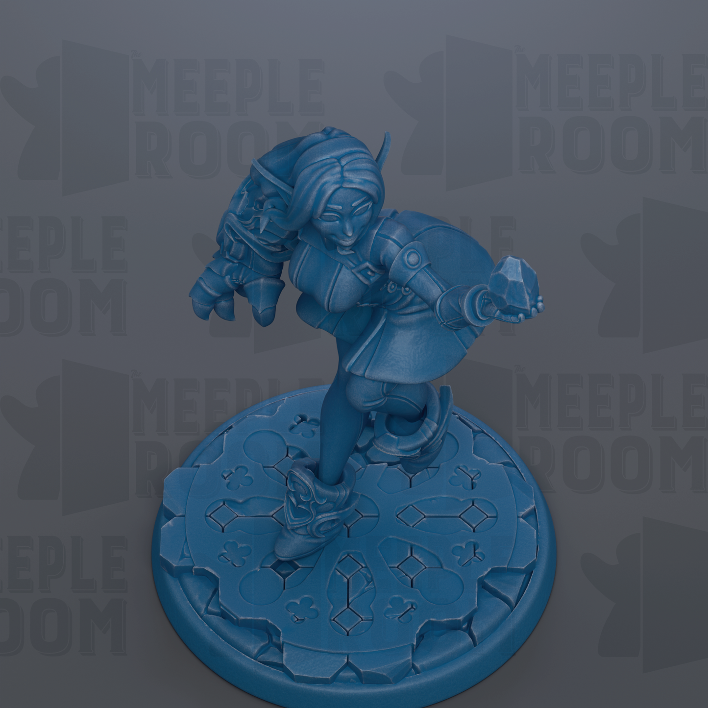 A blue figurine of a female character with a shield, standing on a blue platform with a geometric pattern.