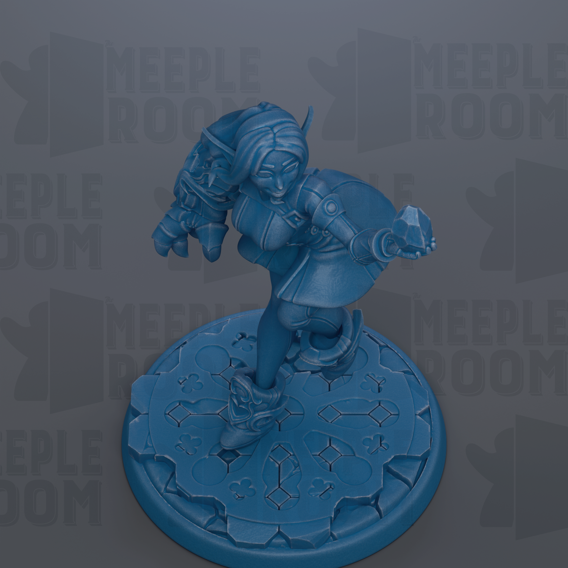 A blue figurine of a female character with a shield, standing on a blue platform with a geometric pattern.