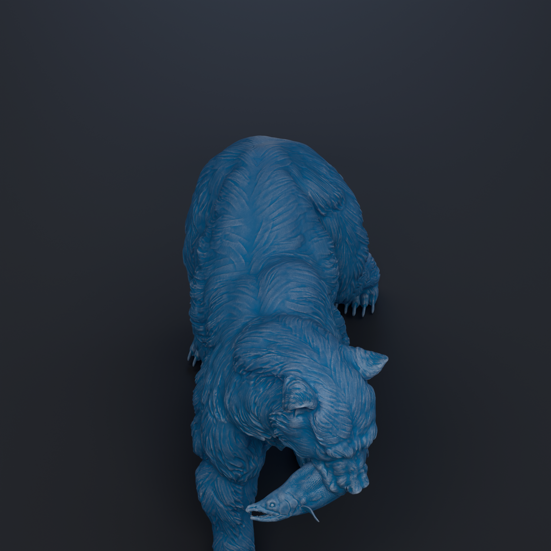 A blue bear statue is shown in a dynamic pose, holding a fish in its mouth.