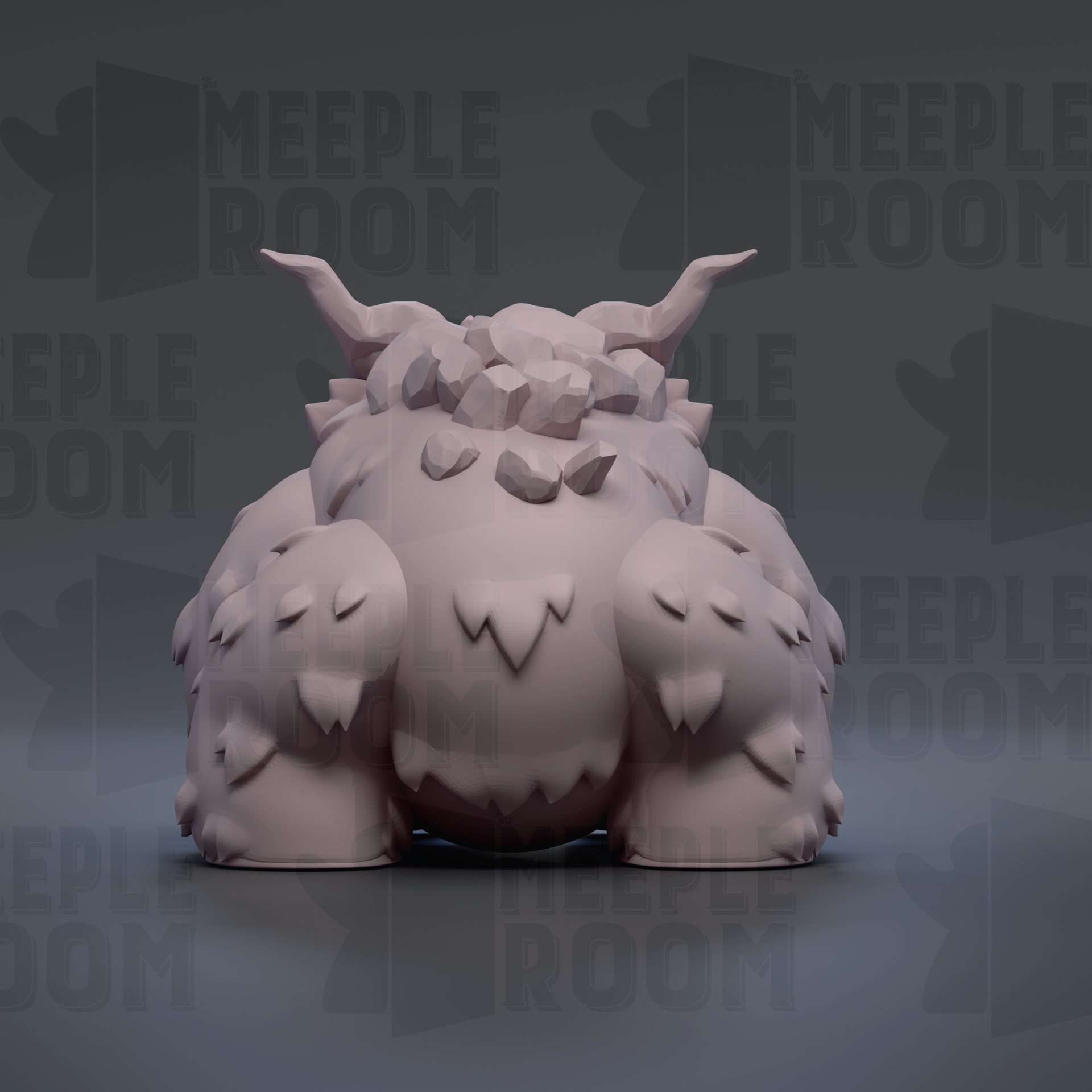 A 3D rendering of a large, furry creature with horns, possibly a mythical or fantastical creature, against a dark background with repeated text.