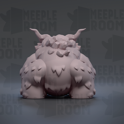 A 3D rendering of a large, furry creature with horns, possibly a mythical or fantastical creature, against a dark background with repeated text.