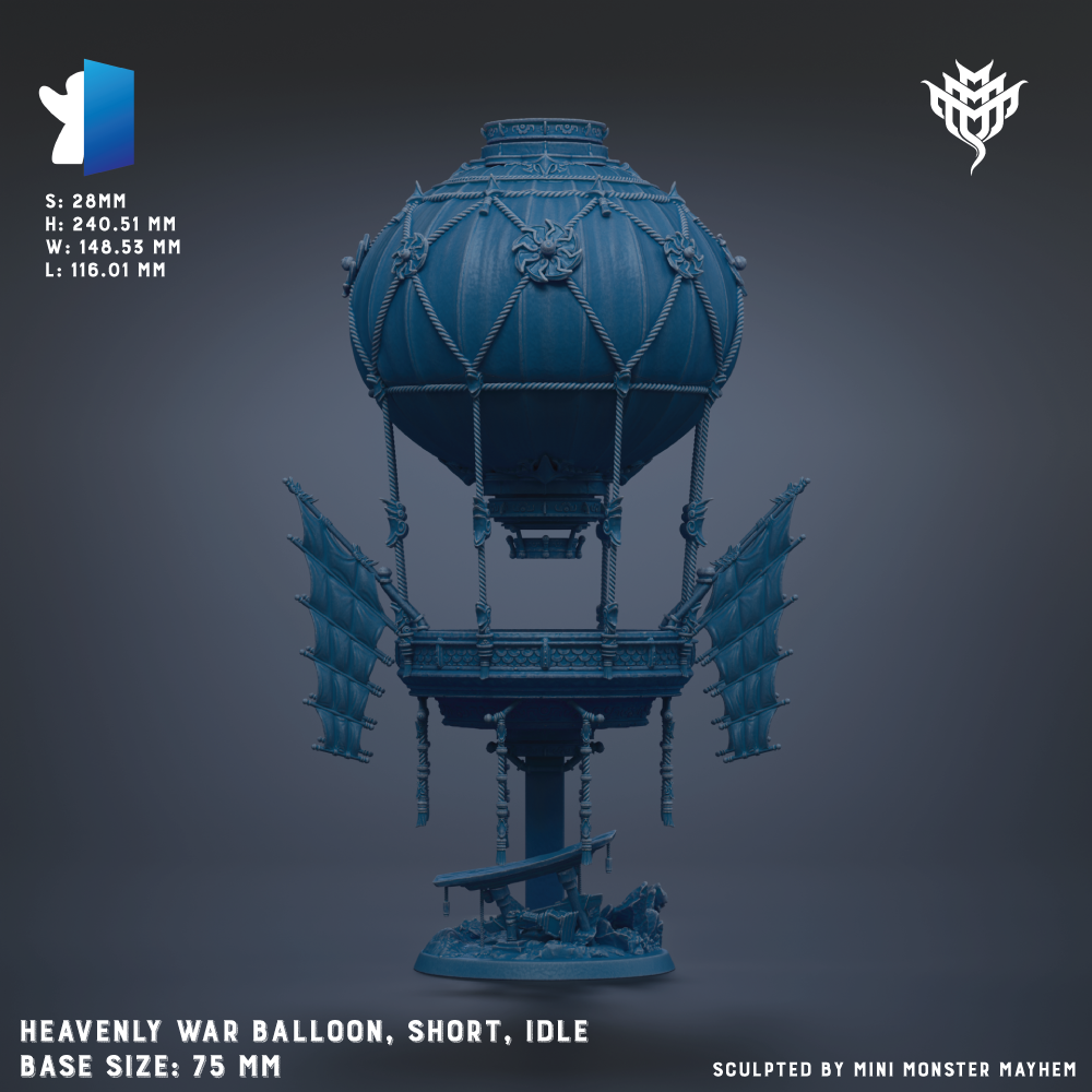 A 3D rendering of a blue war balloon with intricate designs and decorations, displayed against a dark background.