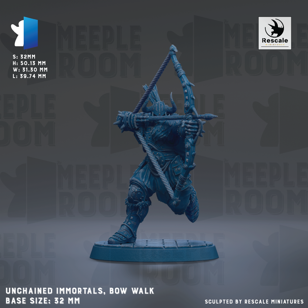 a blue figurine of a warrior wielding a bow and arrow, standing on a base. The figurine is described as "Unchained Immortals, Bow Walk" and is "Base Size: 32mm". The image is a collage of multiple images, and it is not a description of each individual image.