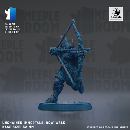 a blue figurine of a warrior wielding a bow and arrow, standing on a base. The figurine is described as "Unchained Immortals, Bow Walk" and is "Base Size: 32mm". The image is a collage of multiple images, and it is not a description of each individual image.