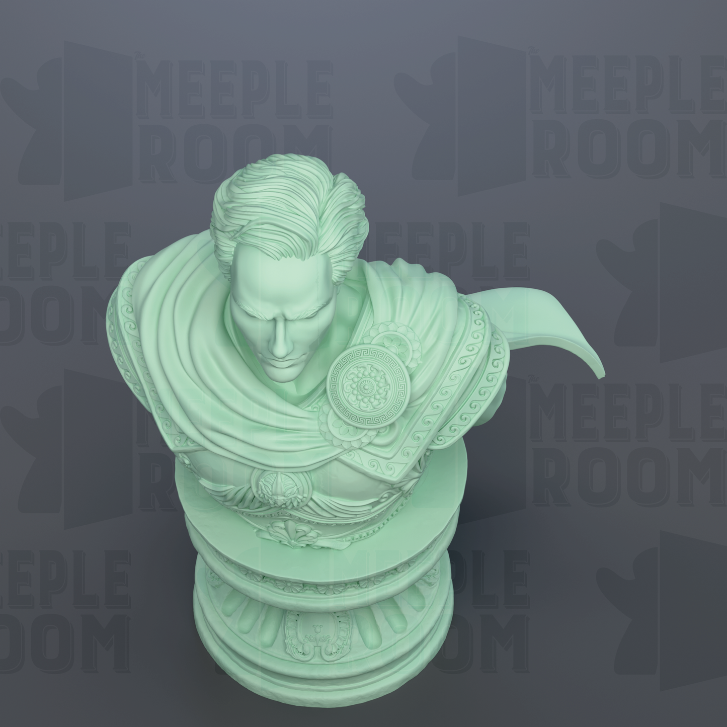 A green bust sculpture of a person with a cape and ornate design on the shoulder.