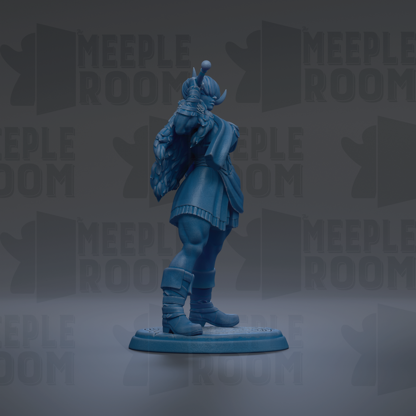 A blue figurine of a person standing on a platform against a dark background with repeated text.