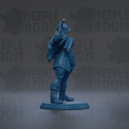A blue figurine of a person standing on a platform against a dark background with repeated text.