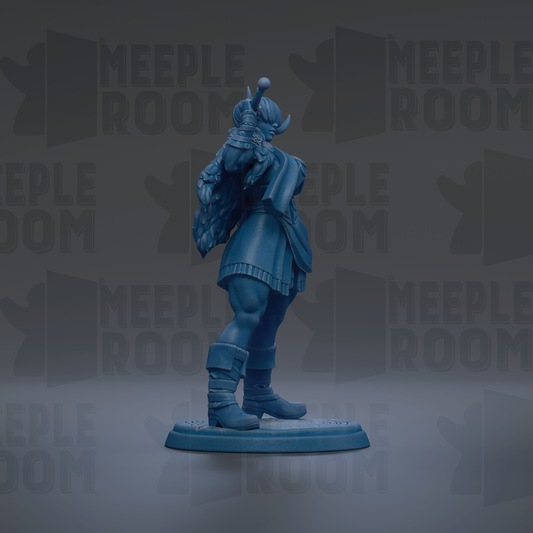 A blue figurine of a person standing on a platform against a dark background with repeated text.