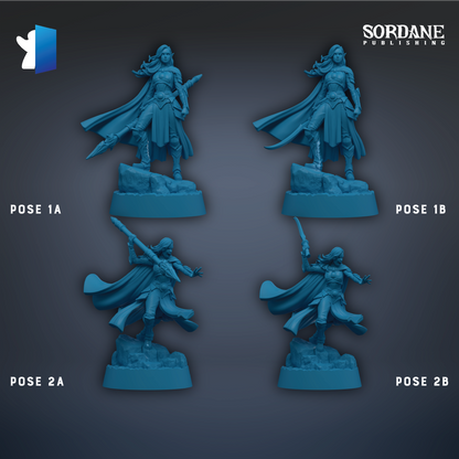 four blue figurines of female characters, each with different poses, arranged in a grid-like pattern against a dark background.
