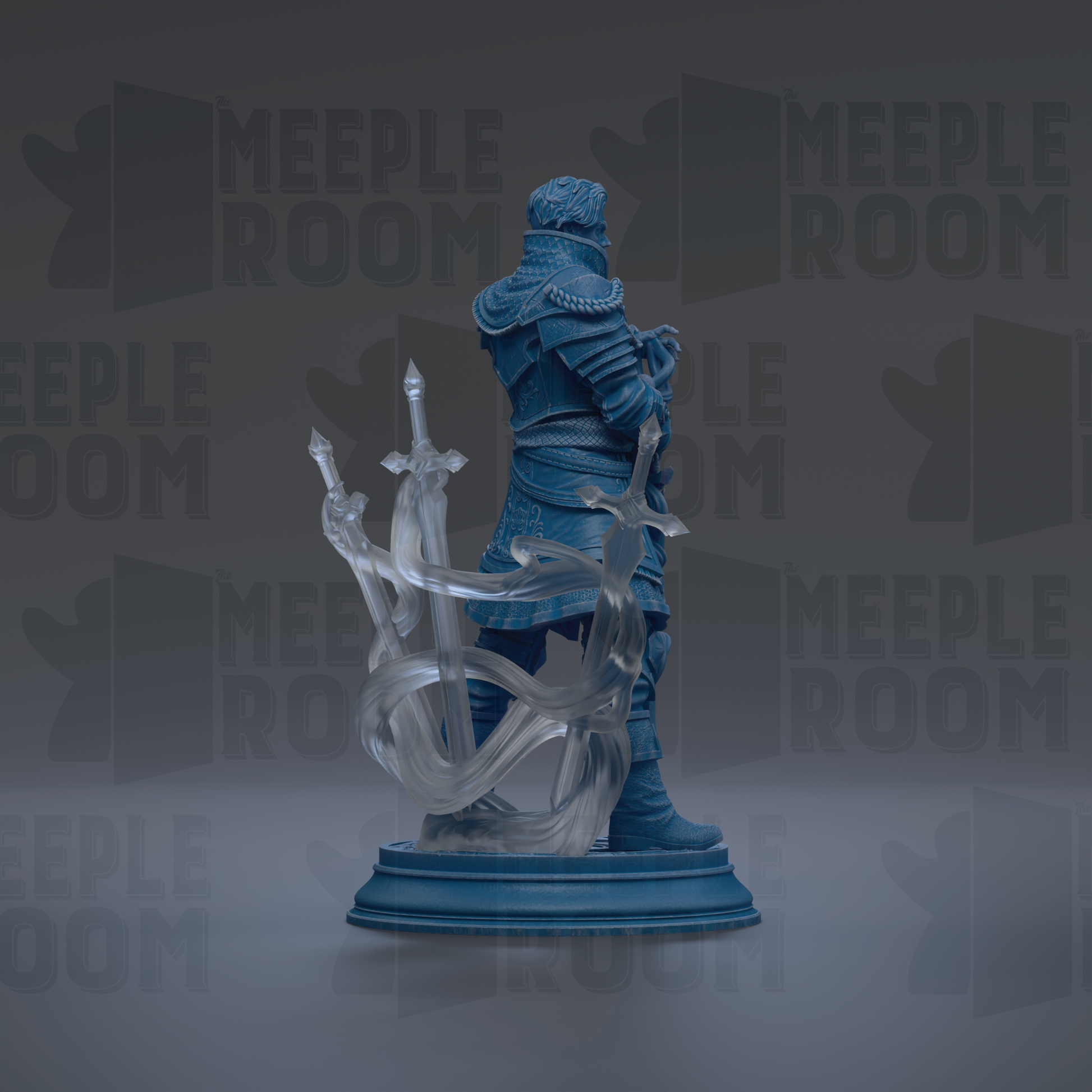 A 3D rendering of a blue armored figure holding a sword, standing on a pedestal.